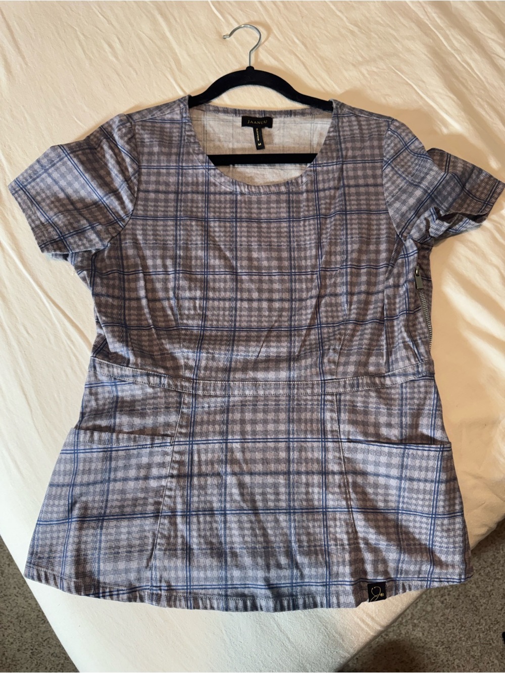 Jaanuu Gray Plaid Short-Sleeve Tunic with Blue Windowpane